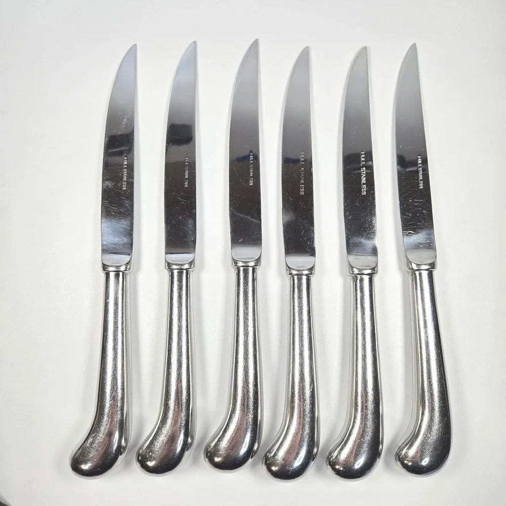 VTG 6 Hull Stainless Japan Monoblock one piece Steak Knives Pistol Grip Serrated